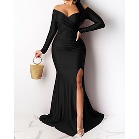 Women's Long Dress Maxi Dress Black Dress Prom Dress Party Dress Elegant Modern Evening Party Party Special Occasion Regular Fit Plain Long Sleeve V Neck Blue