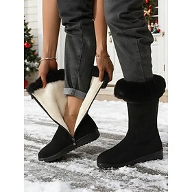 Women's Black Zip-Up Winter Boots – Warm Faux Fur Lined Mid-Calf Snow Boots for Outdoor Walking and Cold Weather Fashion