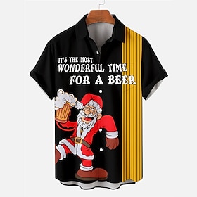 Christmas Men's Funny Christmas Printed Shirts Santa Claus Beer Casual Daily Wear Going out Weekend Autumn / Fall Turndown Short Sleeves Black, Burgundy, Green