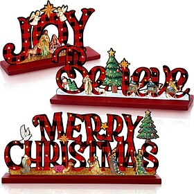 3pcs Wooden Christmas Decorations, Buffalo Plaid Jesus Nativity Table Decorations, Holiday Centerpiece Signs Merry Christmas Designs for Festive Tabletop Displ
