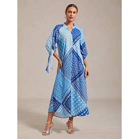Women's maxi Dress Geometric Floral Patchwork Print Stand Collar 3/4 Sleeve Spring Autumn
