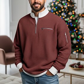 Men's Waffle T-shirt T Shirt Long Sleeve Half Zip Fall Fall  Winter Solid Color Traditional / Vintage Casual Color Block Zipper Pocket Outdoor Home Sports  Out