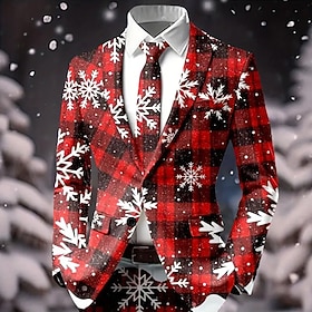 Christmas Men's Snowflake Blazer Jacket Coat Comfortable Artistic Casual Party Evening Wear Daily Festival 3D Print Buttons Fall Winter Notch Long Sleeve Red