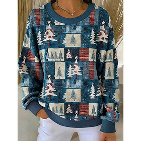 Christmas Women's Pullover Sweatshirt Graphic Christmas Tree Casual Long Sleeve Crew Neck Regular Tops Street Dailywear Casual Patchwork Blue Dark Blue Fall Wi