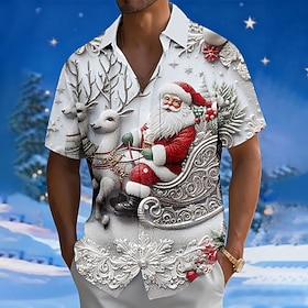 Christmas Men's Santa Claus Reindeer Sleigh Shirt Button Up Shirt Short Sleeve Fashion Casual Holiday Summer Spring Turndown 3D Print Collared Shirts Front One