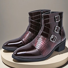 Men’s Burgundy Faux Leather Triple Buckle Boots