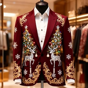 Christmas Men's Elk Christmas Tree Blazer Jacket Coat Comfortable Breathable Artistic Casual Party Evening Wear Daily Festival 3D Print Buttons Fall  Winter No