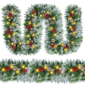 Christmas Garland with Lights - 9FT Pre-Lit Flocked Garland with 30 LED Bulbs, Red Berries, Pine Cones, Artificial Pine Battery Operated Garland for Fireplace,