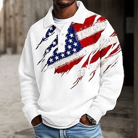2026 250th Men's American US Flag Polo Textured Long Sleeve Polo Shirts Lapel Casual Athleisure Daily Wear 3D Print Spring Fall Winter Blue White Red