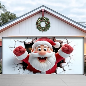 Christmas Garage Door Cover Cartoon Santa Claus Breaking Through Wall 3D Illusion Design Holiday Backdrop Outdoor Winter Party Decoration Yard Home Festive Dec