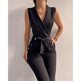 Women's Jumpsuit Active Solid Color Sleeveless Straight V Neck Pocket Belted Vacation Daily Regular Fit Blue Black Wine Spring