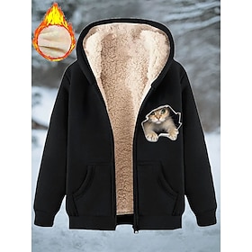 Women's Winter Coat Warm Zipper Pocket Print Fashion Casual Animal Street Casual Short Hooded Regular Fit Long Sleeve Outerwear Blue Black Red Spring Fall