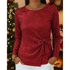 Christmas Women's Blouse Dressy Tops Sequin Tops Ruched Sequins Patchwork Plain Elegant Vintage Daily Long Sleeve Crew Neck Regular Tops Daily Work Holiday Blu