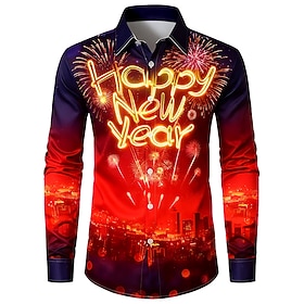 New Year Men's Happy New Year Fireworks 2026 Shirt Button Up Shirt Long Sleeve Fashion Casual Holiday Spring Fall Turndown 3D Print Collared Shirts Purple / Bl
