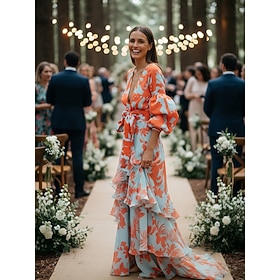 A-Line Floor Length Wedding Guest Dress Formal Dresses Evening Gown Mother of the Bride Dress Long Sleeve V Neck Party Wedding Guest with Print