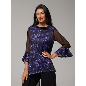 Chemisier femme noir imprimé floral en mousseline extensible manches encolure bateau décontracté confortable…: retailer-supplied image