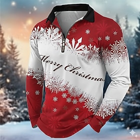 Christmas Men's Snowflake Polo Long Sleeve Turndown Modern Casual Athleisure Casual Daily Festival Zipper 3D Print Spring Fall Winter Black Red Green