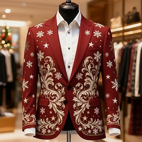 Christmas Men's Snowflake Blazer Jacket Coat Comfortable Breathable Artistic Casual Party Evening Wear Daily Festival 3D Print Buttons Fall Winter Notch Long