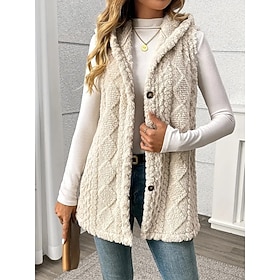 Women's Fleece Vest Vest Comfortable Breathable Buttons Casual Plain Vacation Street Casual Daily Wear Single Breasted Long Hooded Regular Fit Sleeveless Outer