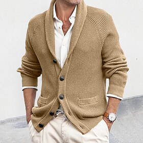 Men's Sweater Cardigan Sweater Ribbed Knit Regular Tops Button Up Knitted Solid Color Shawl Collar Vacation Fashion Casual Daily Wear Clothing Apparel Spring