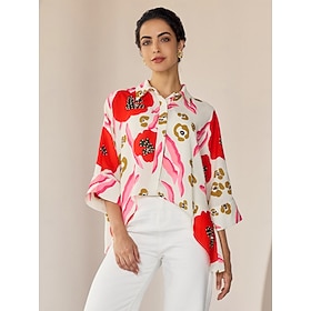 Damen Chiffon Blumen Blumenmuster Lässig Alltagstauglich Magyarkragen Rote Unregelmäßiger Saum plus hoch niedrig…: retailer-supplied image