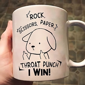 Funny Gift Mug Rock Scissors Paper Throat Punch I Win Hilarious Coffee Mug for Office Friends Gag Gift Unique Funny Cup for Work or Home