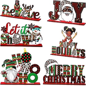 6PCS Wooden Christmas Decorations, Buffalo Plaid Table Decorations, Holiday Centerpiece Signs with Santa, Snowman, Gnome, Believe, Merry Christmas Designs for