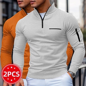 Men's Waffle Polo Shirts Pullover Sports Outdoor Casual Quarter Zip Long Sleeve Fashion Modern Color Block Pocket 2 Piece Spring Fall Cross-Seasons All Seas