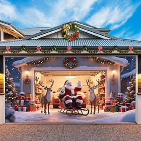 Christmas Garage Door Cover Decorations, Garage Christmas Buddy Banner Xmas Snow Santa Hanging Decoration Photography Wall Backdrop for Xmas Home Holiday Decor