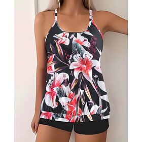 Women's Swimwear 2 Piece Shorts Swimsuit Backless Vacation Beach Wear Floral U Neck Sleeveless Bathing Suits