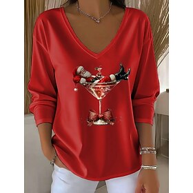 Christmas Women's T Shirt Print Graphic Santa Claus Christmas Vintage Stylish Classic Long Sleeve V Neck Regular Tops Daily Black White Red Green Gray Spring F