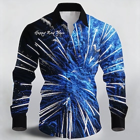 New Year Men's Happy New Year Fireworks 2026 Shirt Button Up Shirt Long Sleeve Fashion Casual Holiday Spring Fall Turndown 3D Print Collared Shirts Blue Red Pu