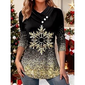 Christmas Women's T Shirt Graphic Snowflake Vintage Stylish Casual Long Sleeve V Neck Regular Tops Daily Buttons Print Asymmetrical Blue Purple Gold Green Fall