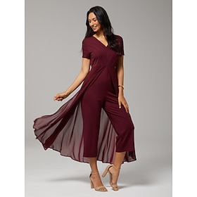 Combinaison femme rouge col V design à panneaux imitation deux pièces fluide aspect transparent tissu extensible…: retailer-supplied image