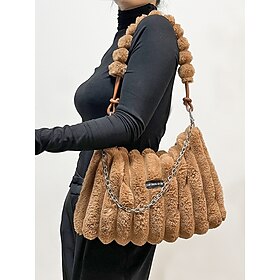 Women's Tote Crossbody Bag Hobo Bag Shoulder Bags Faux Fur Casual Shopping Casual Daily Chain Large Capacity Lightweight Solid Color White Wine Black / White
