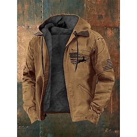 Men's Full Zip Hoodie Fleece Jacket Fleece Hoodie Blue Brown Hooded Reindeer American Flag Pocket Print Casual Daily Going out Polyester Streetwear Retro Casua