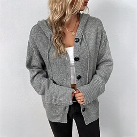 Women's Sweater Cardigan Streetwear Casual Solid Color Hooded Buttons Knitted Long Sleeve Regular Tops Knit Daily Holiday Going out White Black Fall Winter