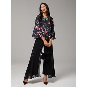 Damen Bluse Schwarz Blumen 3/4 Arm Locker Rundhals Casual Elegant Urlaub Frühling Sommer Herbst: retailer-supplied image