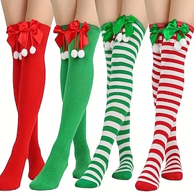 4 Pairs Christmas Thigh High Socks for Women, Bow Pom-Pom Over-Knee Stockings, Opaque Striped Long Socks for Holiday Party, Cosplay, Christmas, New Year, and V