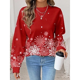 Christmas Women's Pullover Sweatshirt Graphic Snowflake Casual Long Sleeve Crew Neck Regular Tops Street Dailywear Casual Red Fall Winter