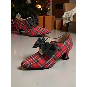 Women's Red Plaid Pumps with Black Satin Bow - Vintage 1920s Style, Perfect for Christmas Parties, Retro Gatherings and Daily Wear