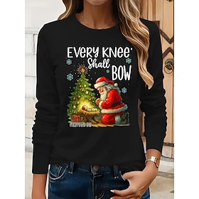 Christmas Women's T Shirt Graphic Santa Claus Christmas Tree Fashion Casual Long Sleeve Crew Neck Round Neck Regular Tops Daily Weekend Print Black Wine Blue G