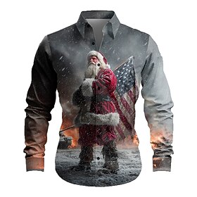 Christmas Men's Santa Claus American US Flag Snowflake Shirt Button Up Shirt Long Sleeve Vintage Retro Christmas Gifts Holiday Spring Fall Turndown 3D Print Co
