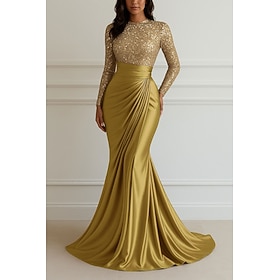 Mermaid Trumpet Floor Length Evening Gown Elegant Silky Long Sleeve Crew Neck Wedding Formal Champagne Mother Of the Bride Dress Stretch Satin with Glitter Ple