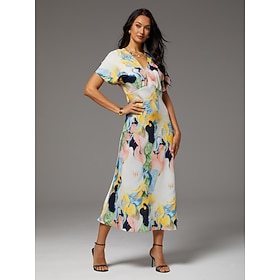 Robe longue en satin pour femme, imprimé abstrait au pinceau, ourlet sirène, manches dolman, élégante, décontractée,…: retailer-supplied image