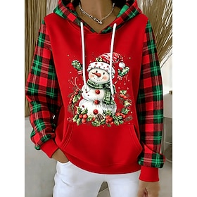 Christmas Women's Pullover Hoodie Sweatshirt Graphic Snowman Fashion Casual Long Sleeve Hooded Regular Tops Street Dailywear Casual Drawstring Patchwork Pocket