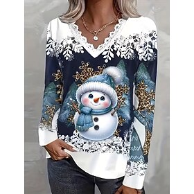 Christmas Women's T Shirt Graphic Snowman Christmas Vintage Stylish Casual Long Sleeve V Neck Regular Tops Daily Weekend Lace Print Blue Red Fall Winter