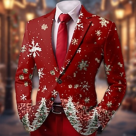 Christmas Men's Snowflake Blazer Jacket Coat Comfortable Artistic Casual Party Evening Wear Daily Festival 3D Print Buttons Fall  Winter Notch Long Sleeve Blue