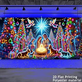 Christmas Blacklight Garage Door Cover, Nativity Scene Jesus Birth Print Large Hanging Backdrop for Outdoor Holiday, Church, Home, Yard, Festive Party Decorati