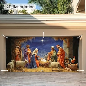 Christmas Garage Door Cover, Nativity Scene Jesus Birth Holiday Large Hanging Backdrop for Outdoor Church, Home, Yard, Christmas Party Decoration, Religious Fe